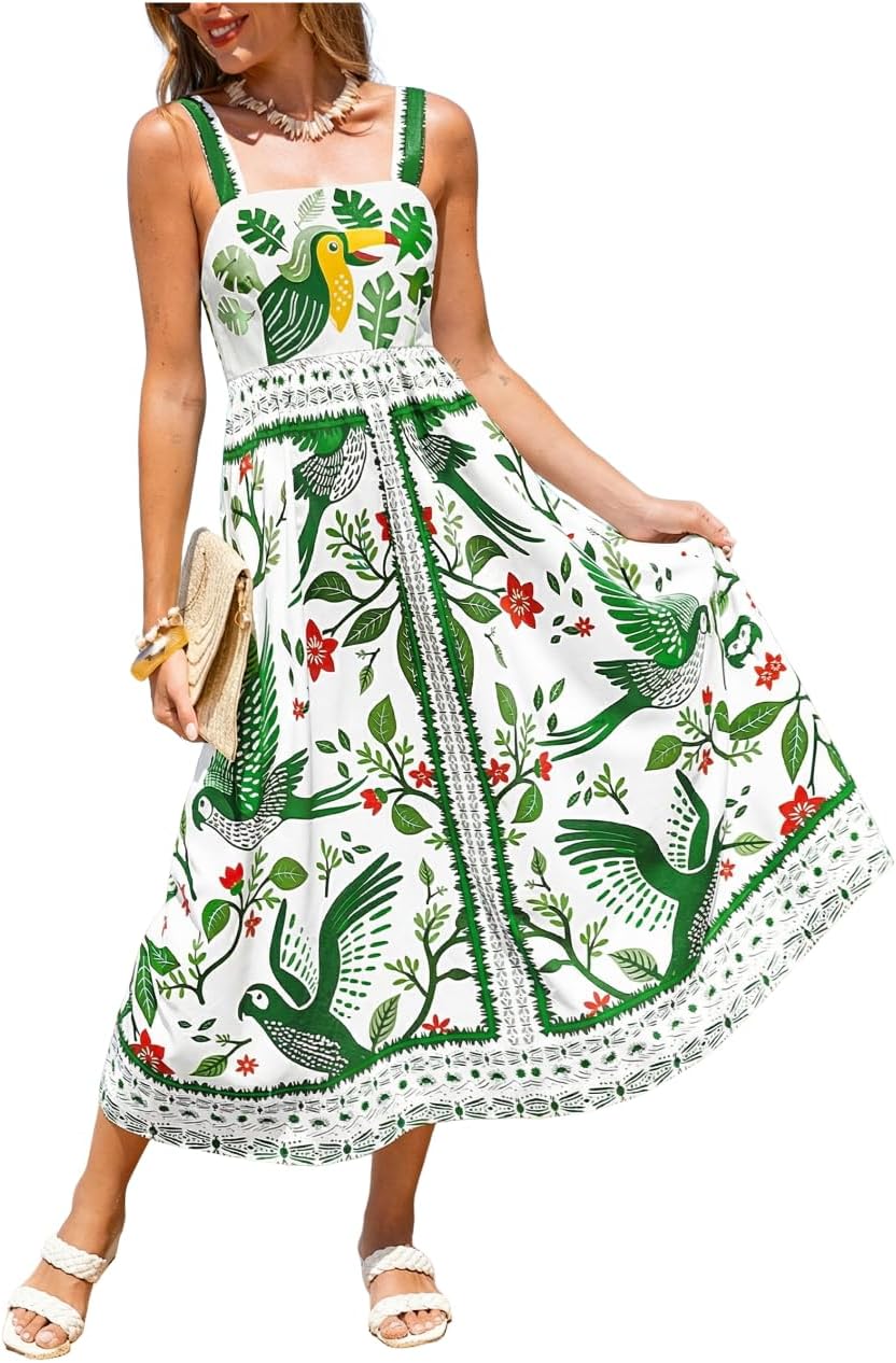 CUPSHE Women's Beach Vacation Summer Dresses Square Neck Tropical Elastic Waist Sleeveless Maxi Dress