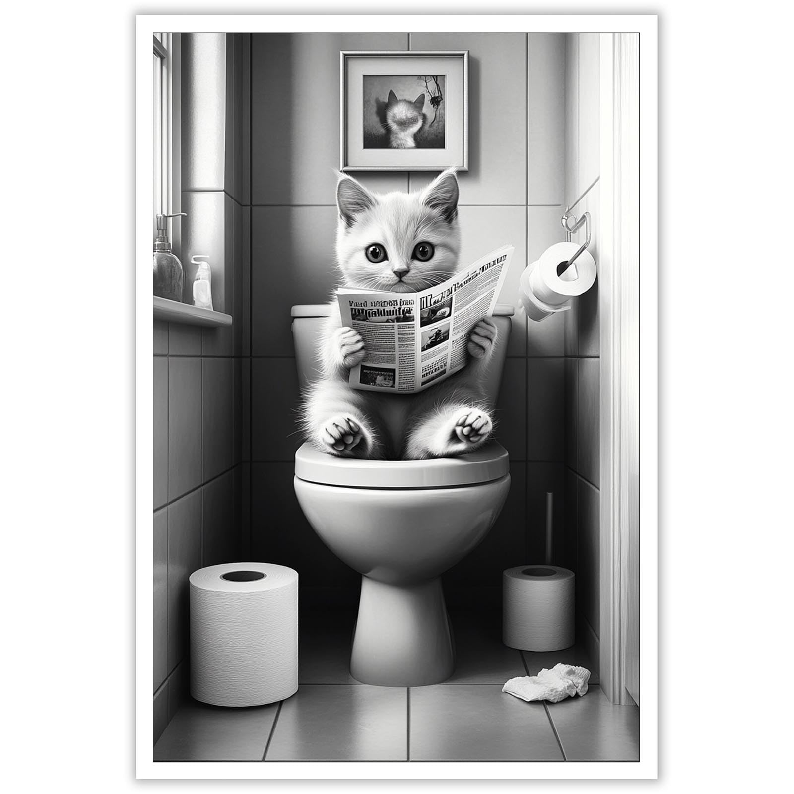 Fun Cat Bathroom Wall Decorations Cute Cat In Toilet Reading Newspaper Painting Black And White Poster Animal Artwork For Toilet Bathroom 12x16 Inches Unframed
