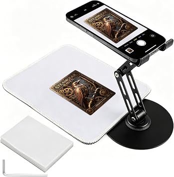 Foldable Trading Card Scanner Stand, Carbon Steel Phone Holder with Scanning Pad and 100 Standard Sleeves, for Sleeved/Unsleeved Collectible Cards, Compatible with iOS and Android