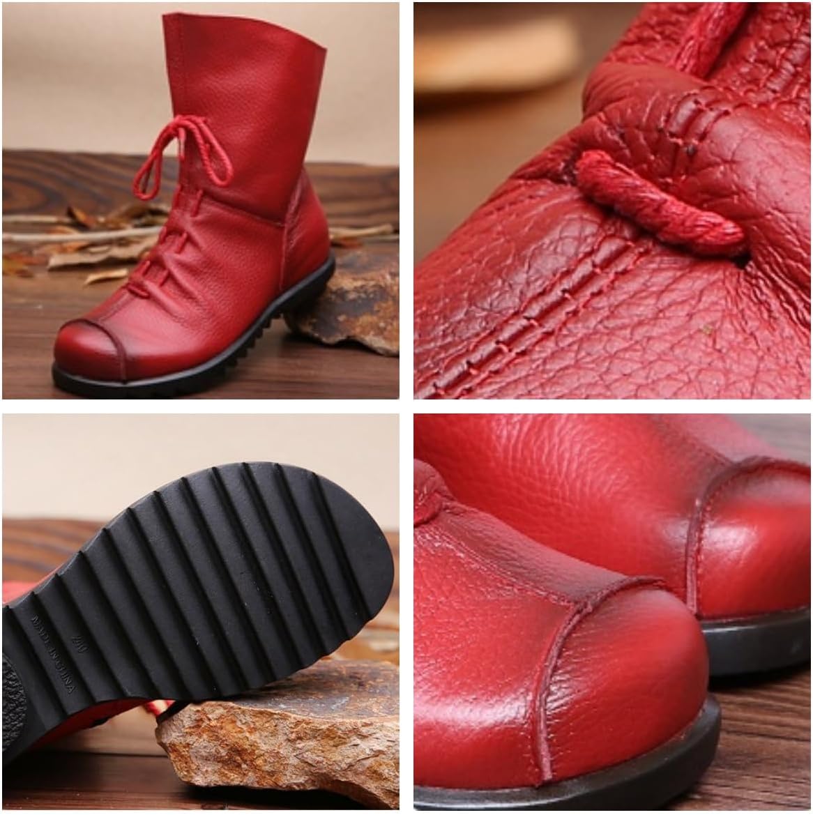 Genuine Leather Boots for Women No Heel Boho Side Zip Casual Soft Flat Booties Ankle Medieval Boots Women Handmade Shoes