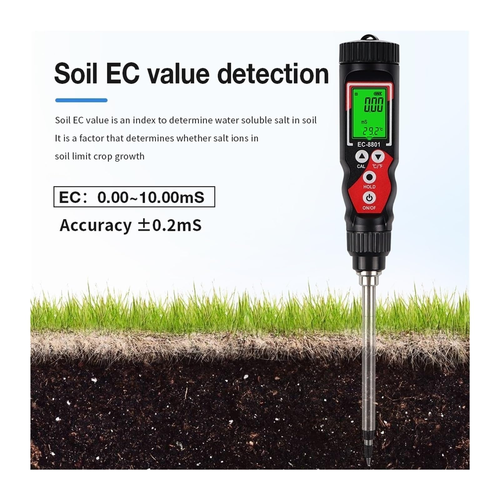 Testeur de Sol Haute précision 0,00-10,00 mS/cm EC Meter LCD numérique EC/Temp 2 en 1 Détecteur ATC Détection température for Jardin et Ferme Jardinage, Agriculture
