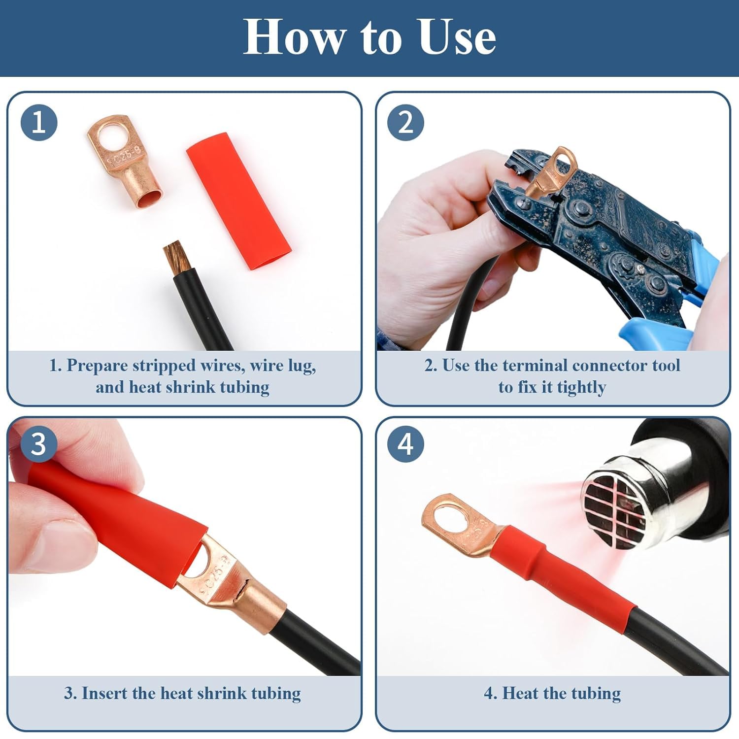 260 Pcs Copper Wire Lugs, 120 Pcs Battery Cable Lugs for AWG 2 4 6 8 10 12 | with Heat Shrink Tubing Kit, Copper Ring Terminal Connectors