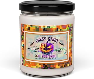 Halloween Soy Candle for Gamers, Vegan Soy Wax Fall Decor with Pixel Art Label, Spooky Gift for Video Game Lovers and Streamers