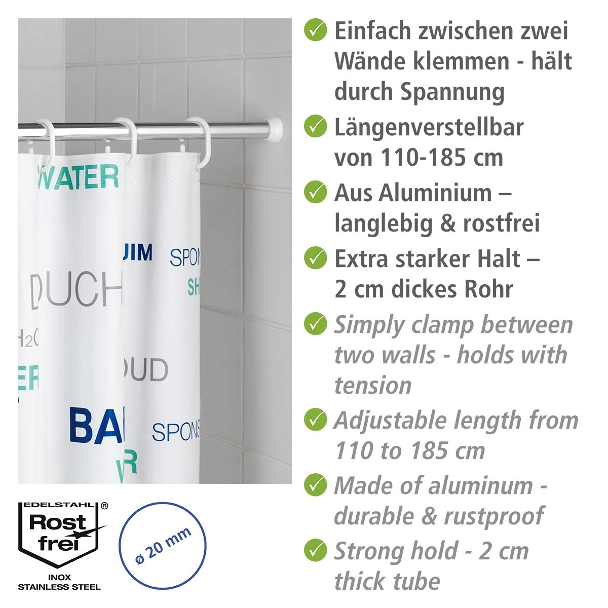 WENKO Barre de douche télescopique en chrome 110-185 cm - Ø 2 cm, Aluminium, 2 x 2 cm, Chromé