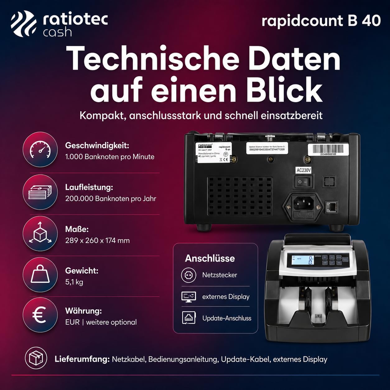 ratiotec rapidcount B 40 Geldzählmaschine für sortenreine Banknoten - Banknotenzähler mit UV IR MG SD Echtheitsprüfung, Additions- und Bündelfunktion, 1.000 Scheine/min, EUR Stückzähler
