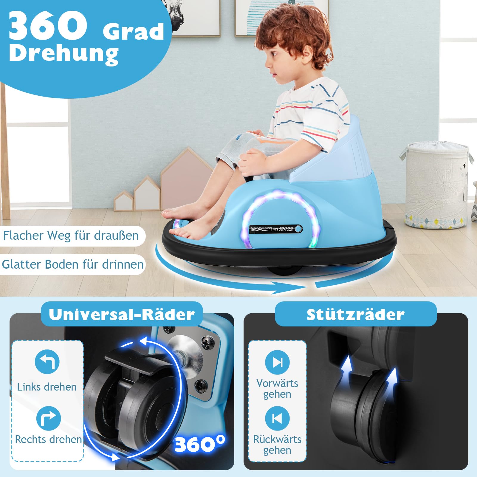 GOPLUS 12V Elektro Autoscooter mit 2,4 GHz Fernbedienung, Kinderfahrzeug 360 Grad drehbar mit LED-Lichtgurt, Sicherheitsgurt, Musik & Hupe, Baby-Stoßspielzeug für Kinder ab 18 Monaten (Blau)