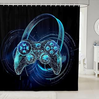 Erosebridal Kids Gaming Shower Curtain Modern Video Games Bath Curtain for Teens Boys Girls Gamepad Bathtub Shower Curtain Line Abstract Bathroom Sets,Black Blue 72" W x 72" L