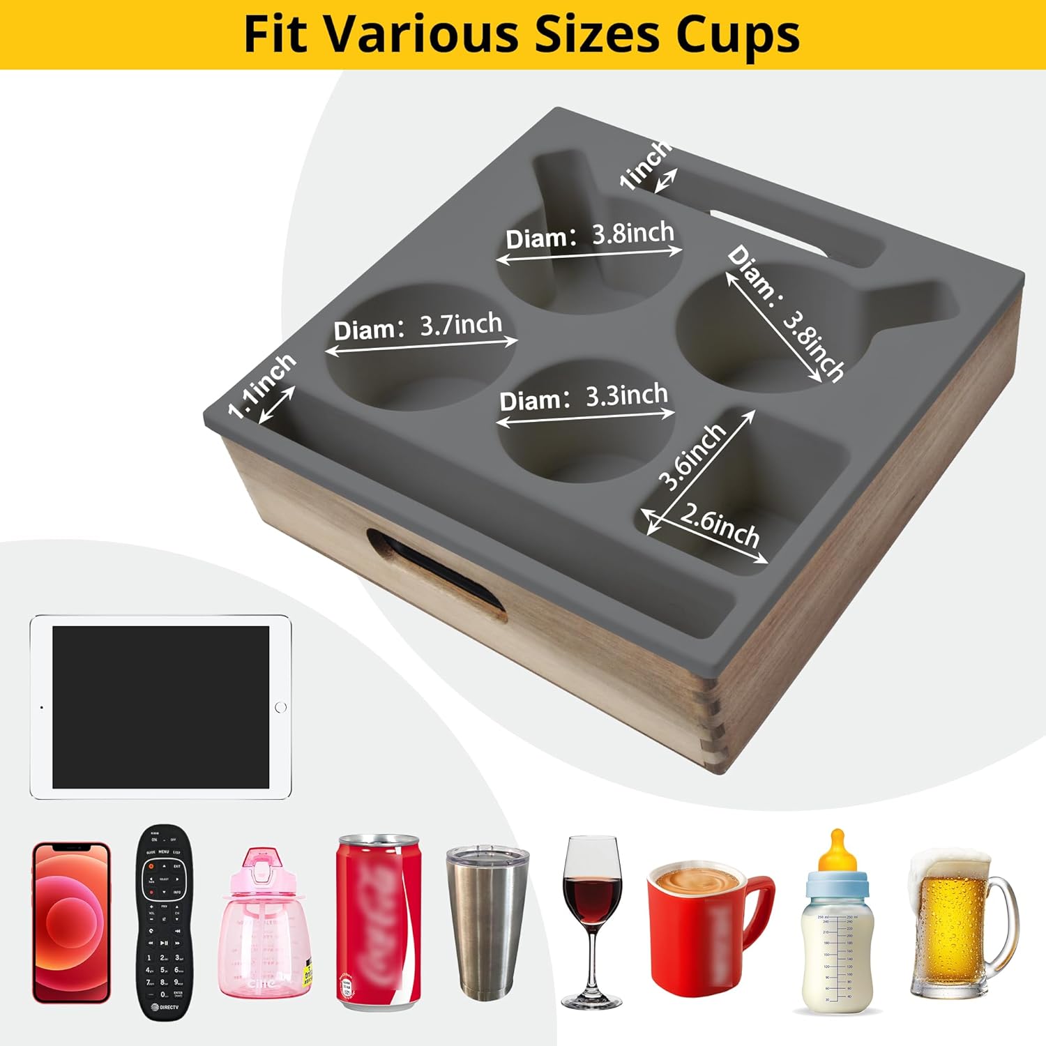 KindGa Couch Cup Holder, Waterproof Anti-Spill Couch Drink Holder for Snacks Beverage Remote, Food Grade Silicone Wooden Couch Caddy for Bed Car Seat Beach Tray (Gray)