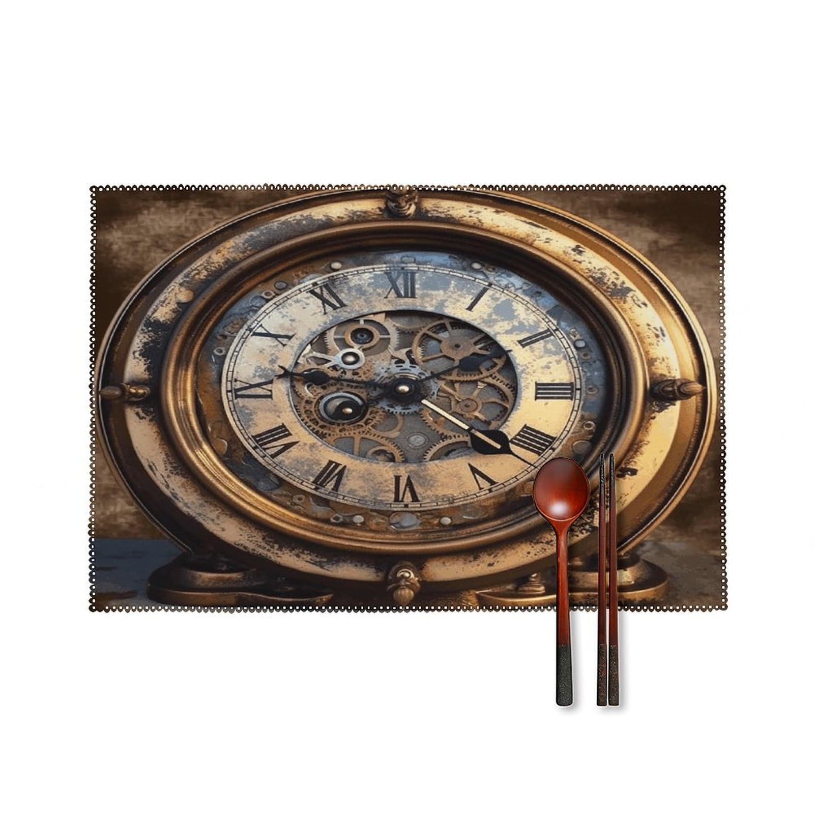 Steampunk Clock Placemats Set of 6 Non-Slip Heat Resistant Table Mats Canvas Washable Cloth Place Mats Easy to Clean Premium Placemat for Kitchen Dining Table Decoration