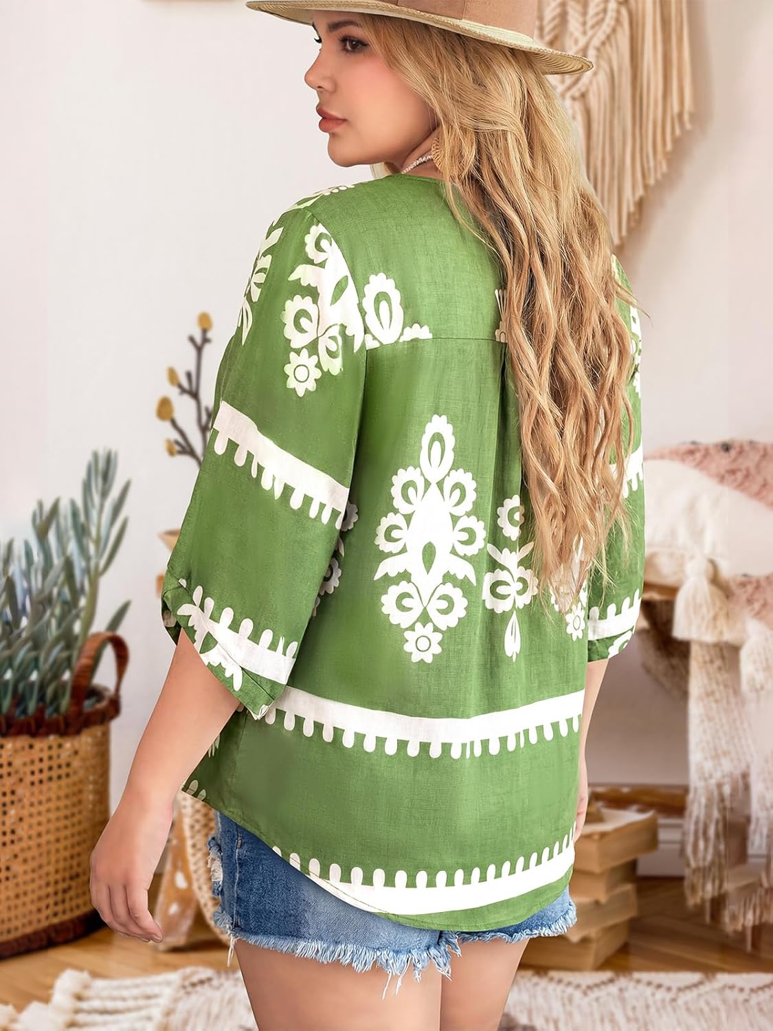 Siddhe Plus Size Boho Tops 3/4 Sleeve Square Neck Chiffon Babydoll Blouses Spring Dressy Casual 2026 Tunic Shirts (XL-5XL) - Image 4