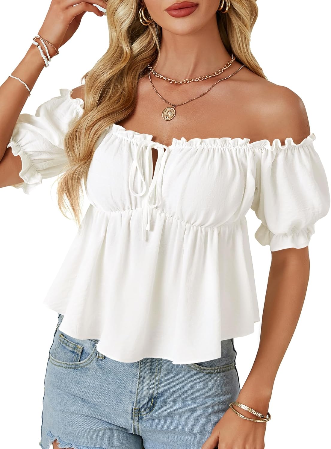 Vrtige Women's Off Shoulder Ruffle Trim Puff Short Sleeve Tie Front Pleated Babydoll Top Peplum Shirt Blouse - Image 2