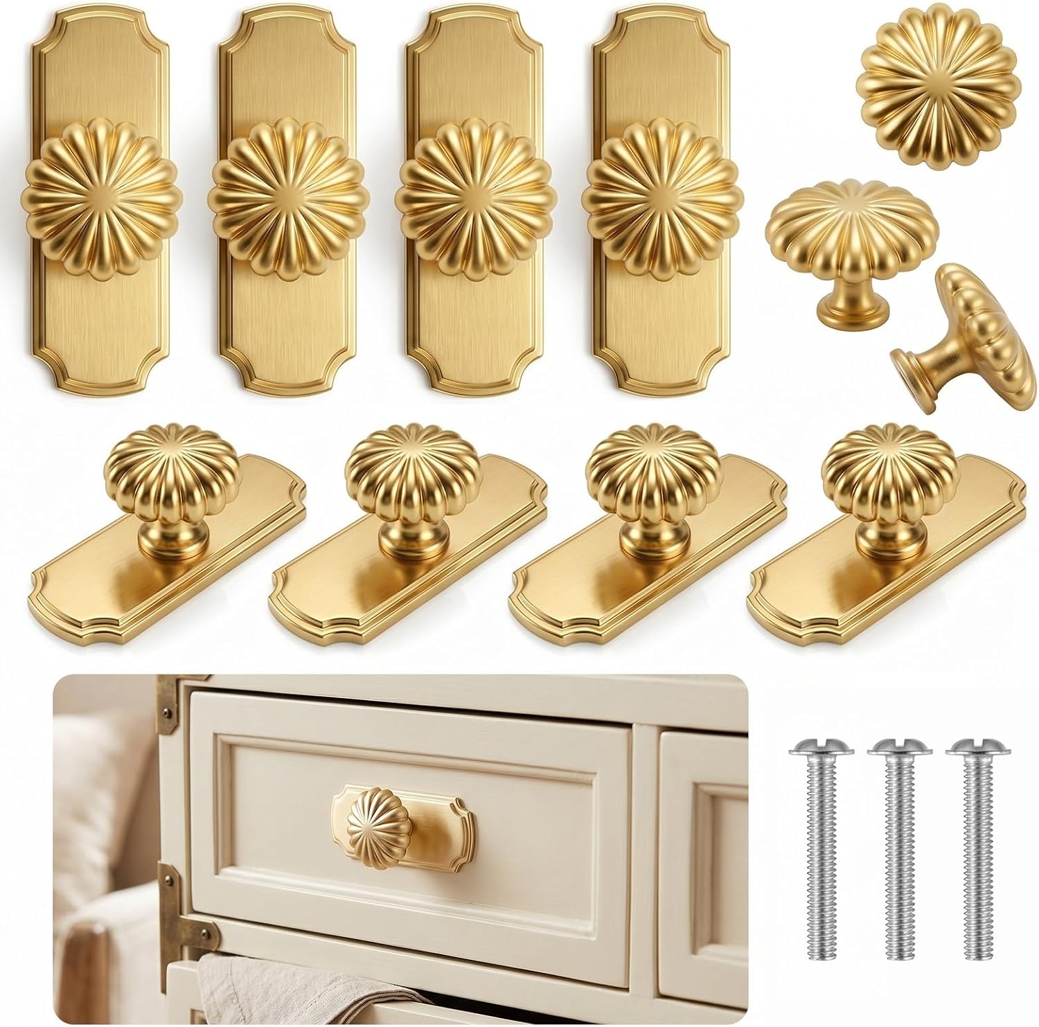 10 Pack Brushed Brass Cabinet Knobs with Backplate,Brushed Brass | Brushed Brass Cabinet Knobs, Vintage Drawer Pulls, Zinc Alloy Hardware, Decorative Backplates, Dresser Cupboard Wardrobe Use