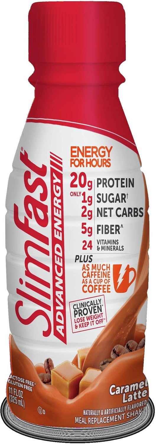 SlimFast Advanced Energy Meal Replacement Shake, High Protein, Caramel Latte, 165 Fl Oz