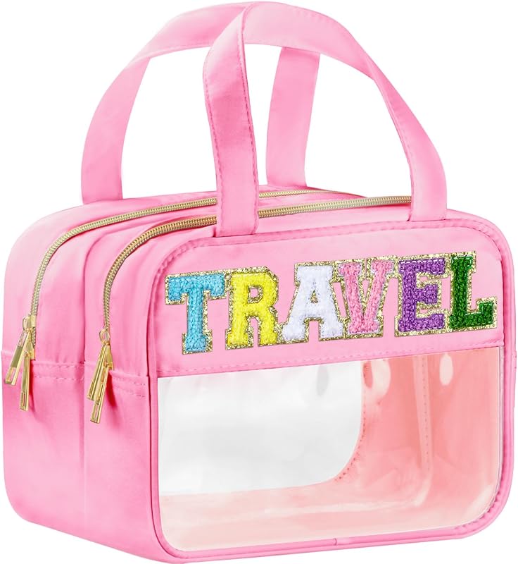 Necessaire transparente BuyCard em nylon e PVC, com alças, zíper e estampa TRAVEL, cor Pink-Travel
