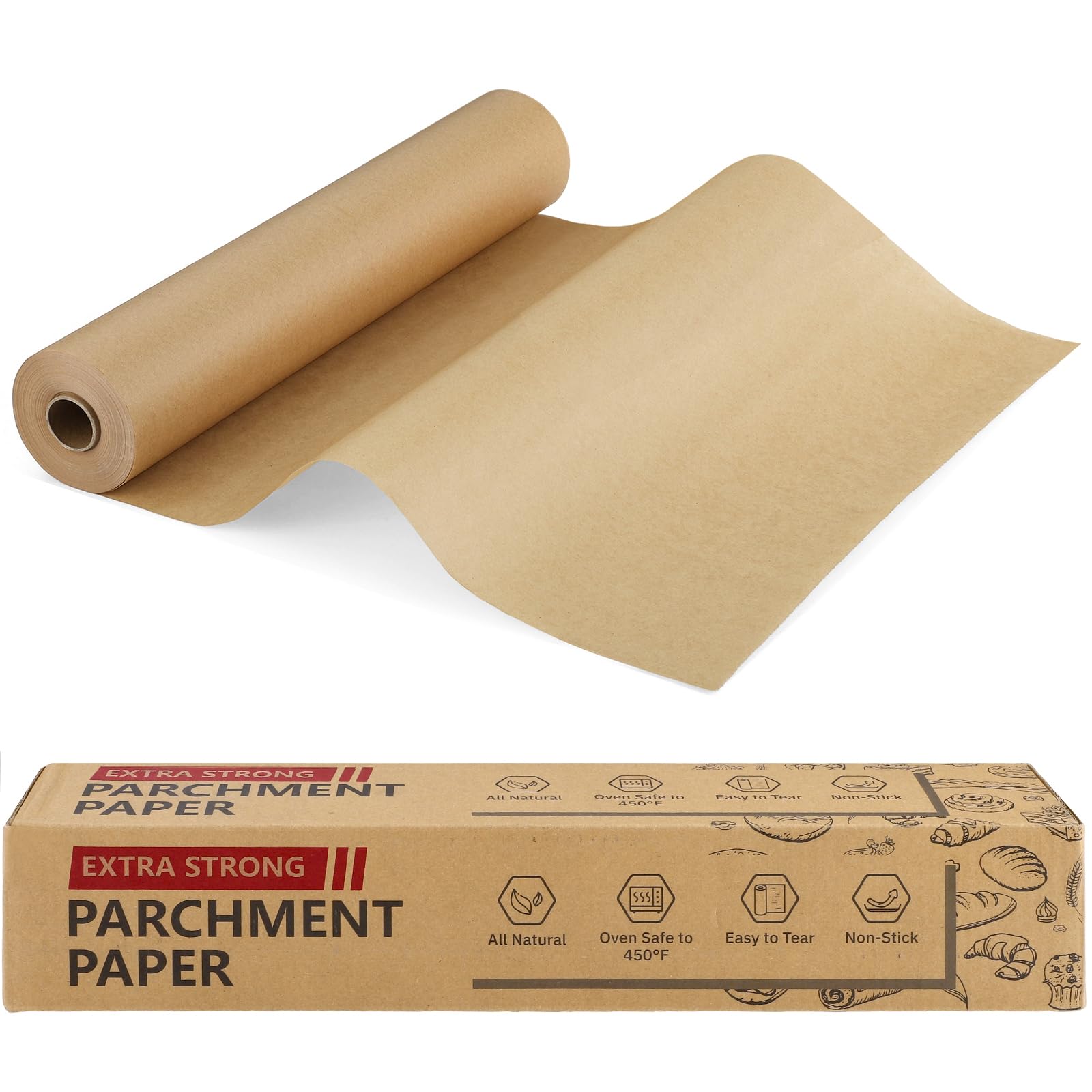 Dntorx Baking Paper Roll 38CM x 64M Brown Unbleached Parchment Paper with Built-in Cutter, Non-Stick Greaseproof for Baking, Cooking, Freezing, Steaming, Grilling for Air Fryer, Oven, Pastry, Freezer