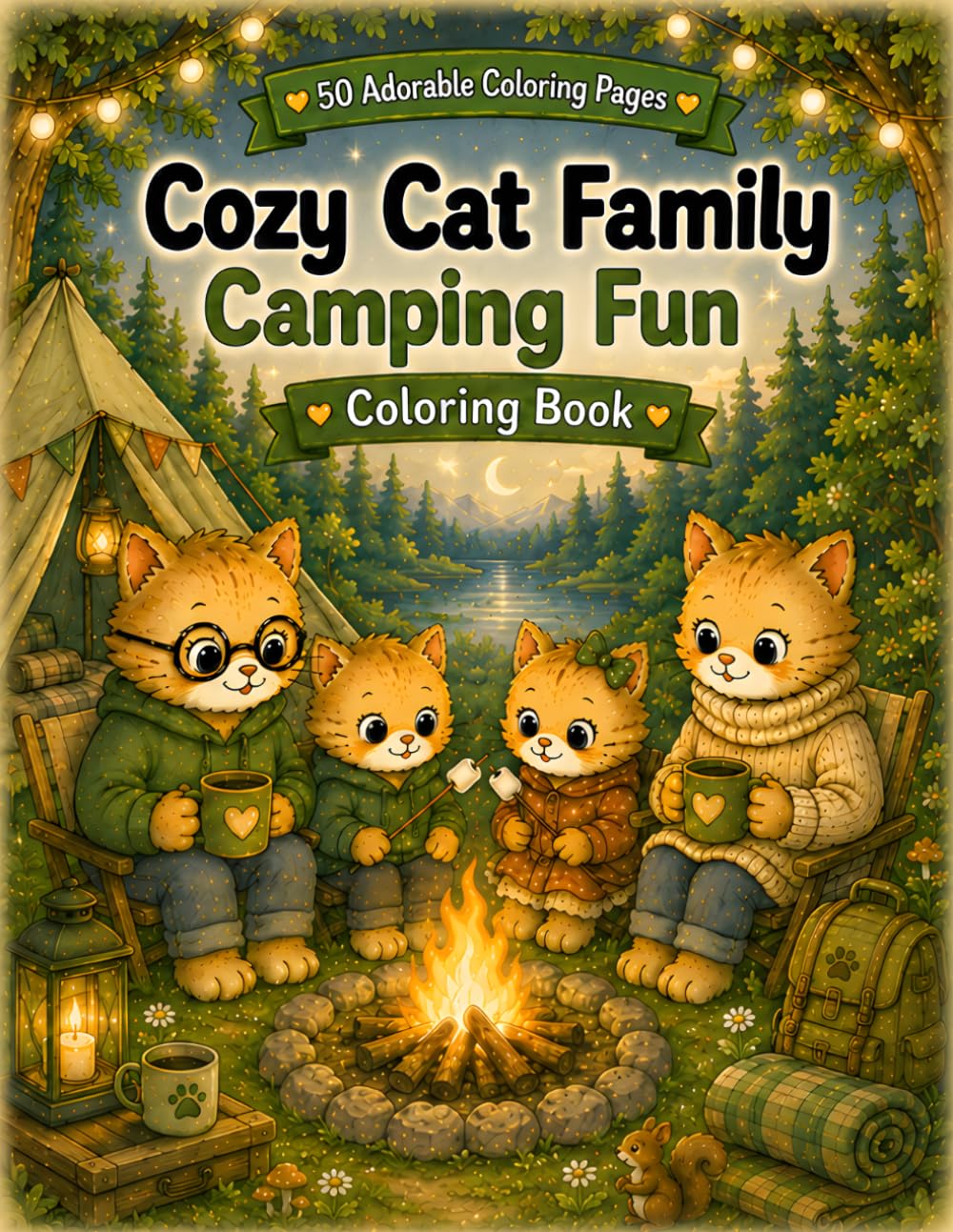 Cozy Cat Family Coloring Book: Camping Fun: 50 Cute Camping Coloring Pages with Adorable Cats, Campfires, Forest Adventures, and Cozy Outdoor Fun