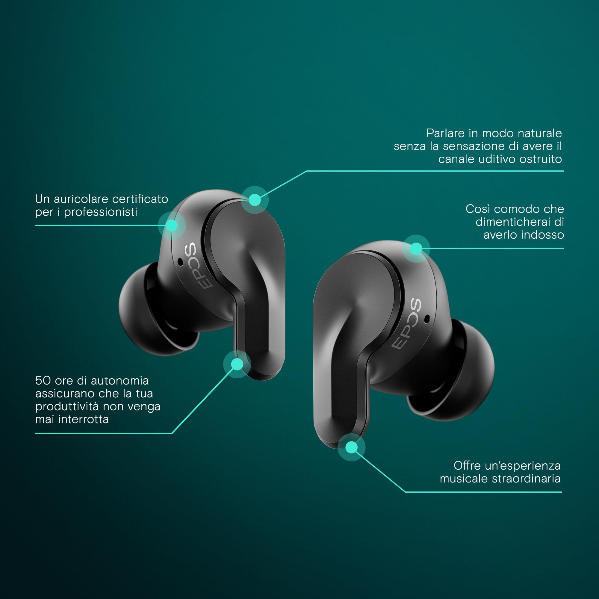 EPOS ADAPT E1 Auricolari Wireless Nero – ANC Ibrido, Bluetooth Multi-Point, Certificati Microsoft Teams & For iPhone – 50H Batteria, Ricarica Wireless, Dongle USB-C, IPX5 Impermeabile