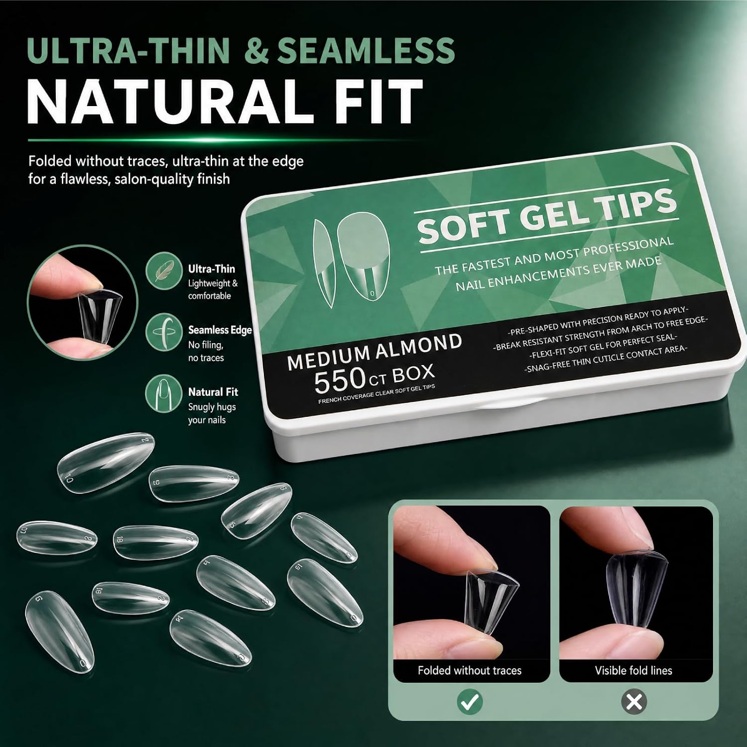 550 Tablets Long Clear Nails Ultra Thin Clear Stiletto Fake Nails Set, Long, Full Cover, Almond Shaped with Rhinestones Designs for Wedding, Dating, Party Acrylic Nail Tips Kit