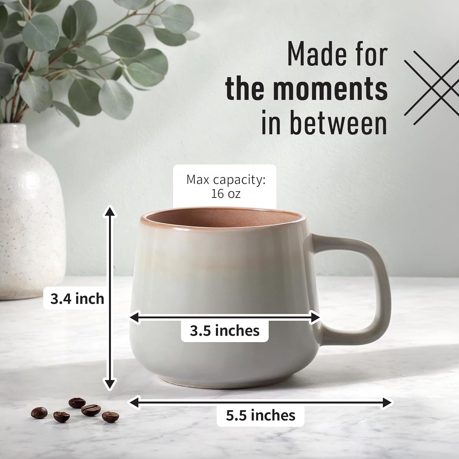 Large Ceramic Coffee Mugs Set of 4 | 16 oz Stoneware Coffee Cups | Lead-Free, Non-Toxic | Microwave and Dishwasher Safe | Comfortable Handle | Nordic Design for Tea, Cocoa, Latte | Sage Ash