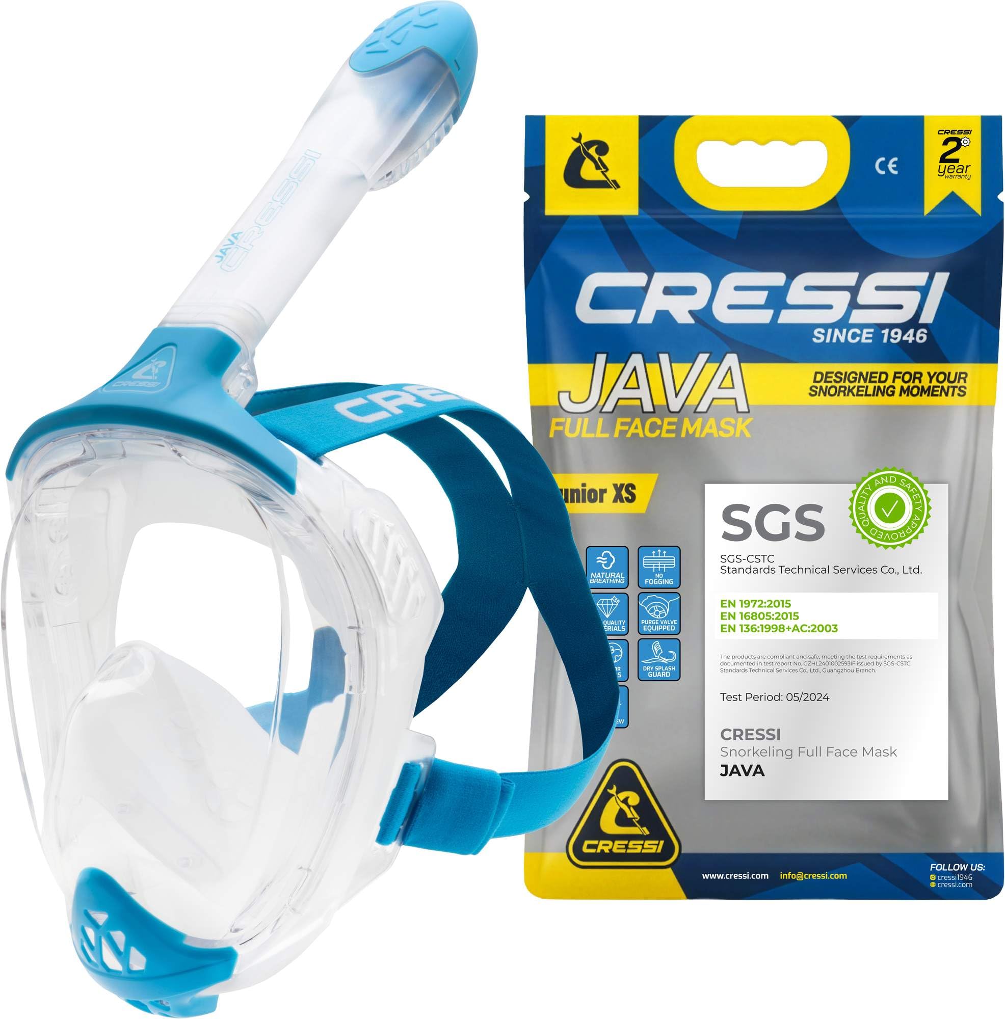 CRESSI Java Full Face Mask - Full Face Snorkel Mask, Ultra Clear Anti Fog Lens, 100% Silicone, Snorkel Dry with Safety Valves