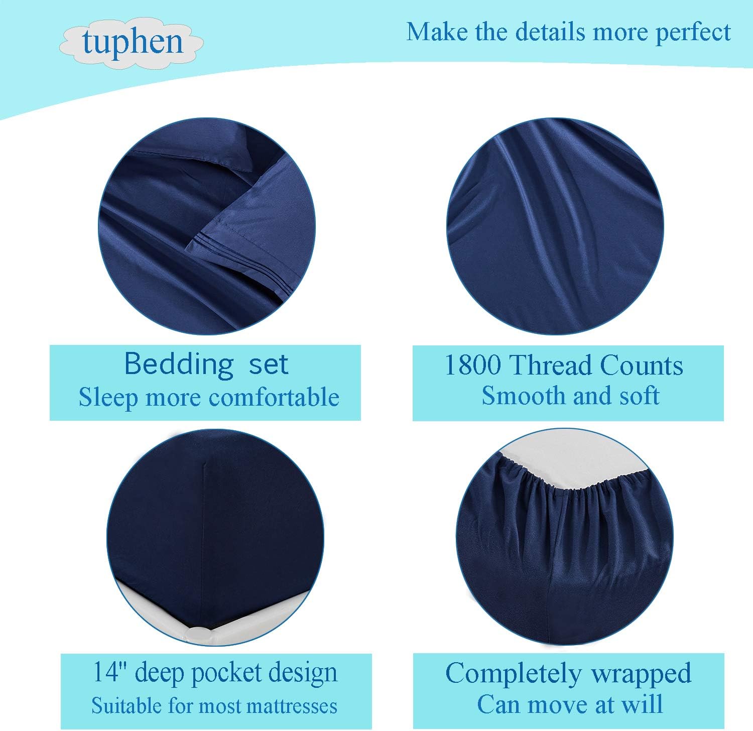 tuphen-Bed Sheet Sets-4 Pieces 1800 Ultra Soft Double Brushed Microfiber Material, Wrinkle, Fade, Stain Resistant, Deep Pockets - Easy Fit