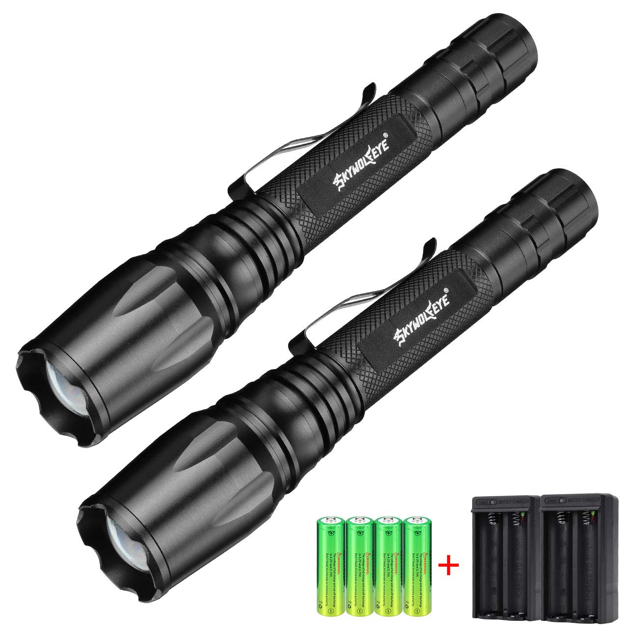 Skywolfeye 2 Pack 18650 Led Flashlight High 2000 Lumen 5 Mode Light Zoomable with 2Pcs 3.7v Batteries+2 Charger, Water Resistant Handheld Light for Camping Hiking Outdoor, Everyday Flashlights