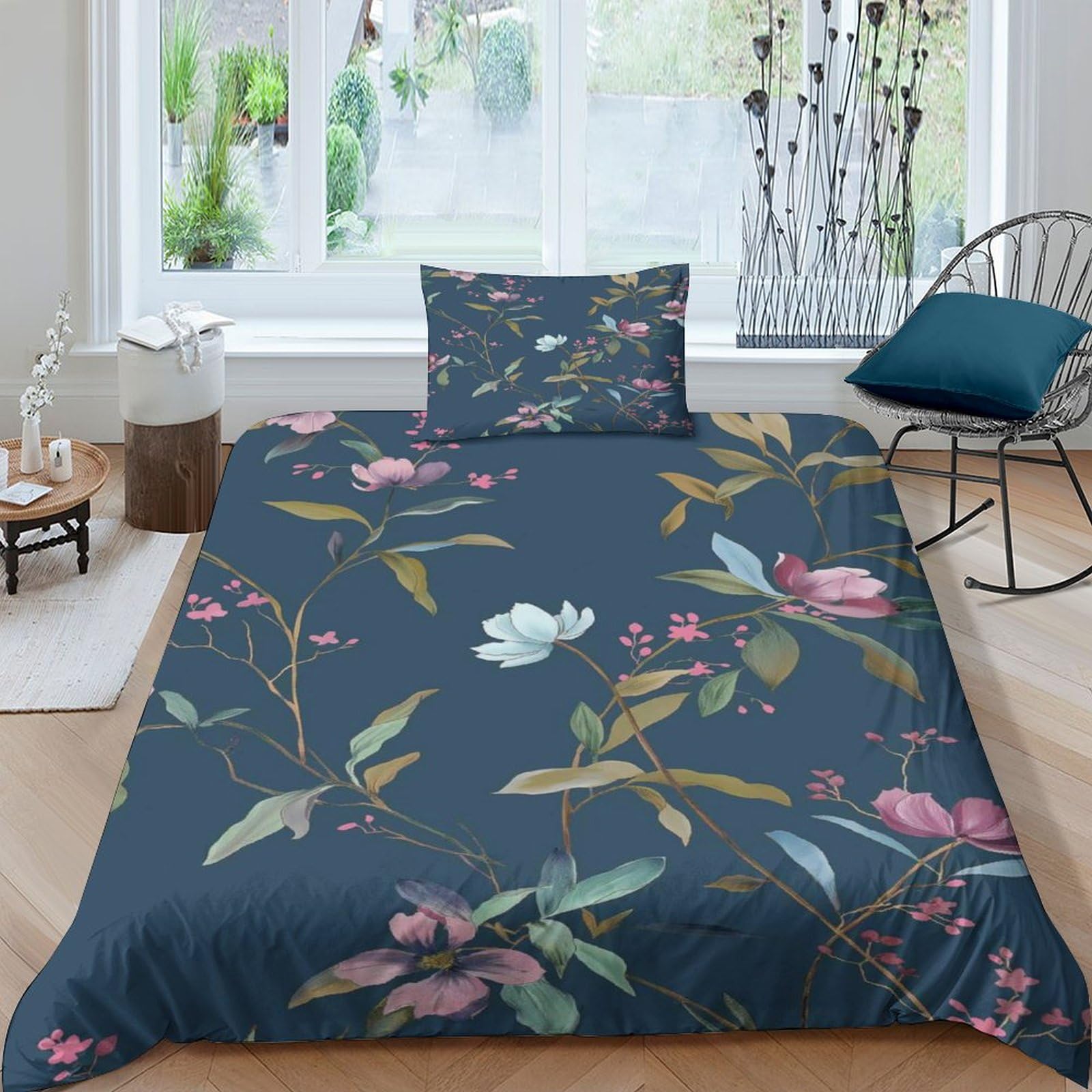 Juego de ropa de cama con flores 3D de 135x200 cm con funda nórdica suave de microfibra y almohada