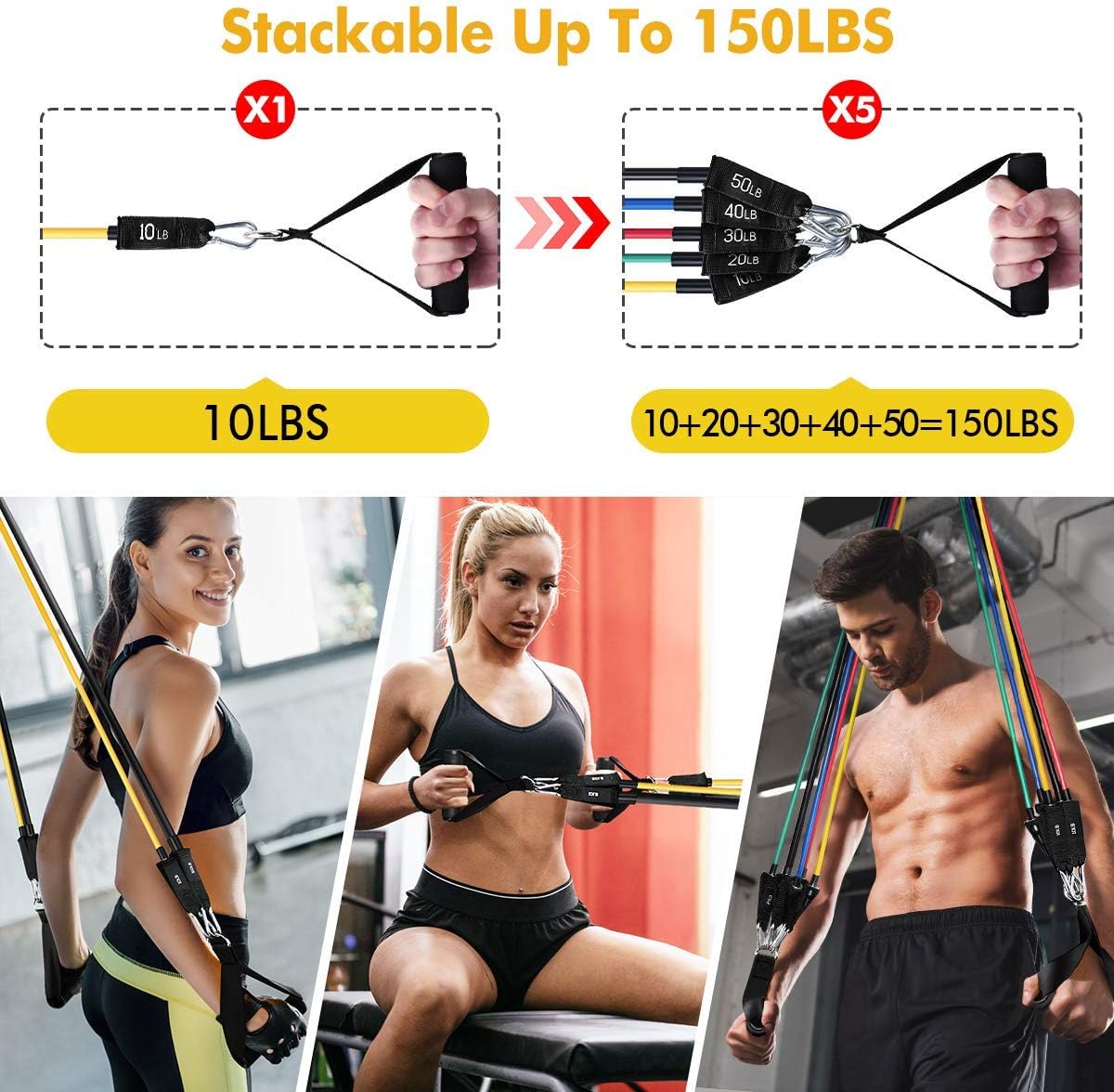 Resistance Bands Set for Men & Women(11Pcs) , 5 Pieces Fitness Workout Bands Stackable up to 150 lbs, Exercise Bands can be Strapped with Door Anchor，Handles and Ankles for Resistance Traning