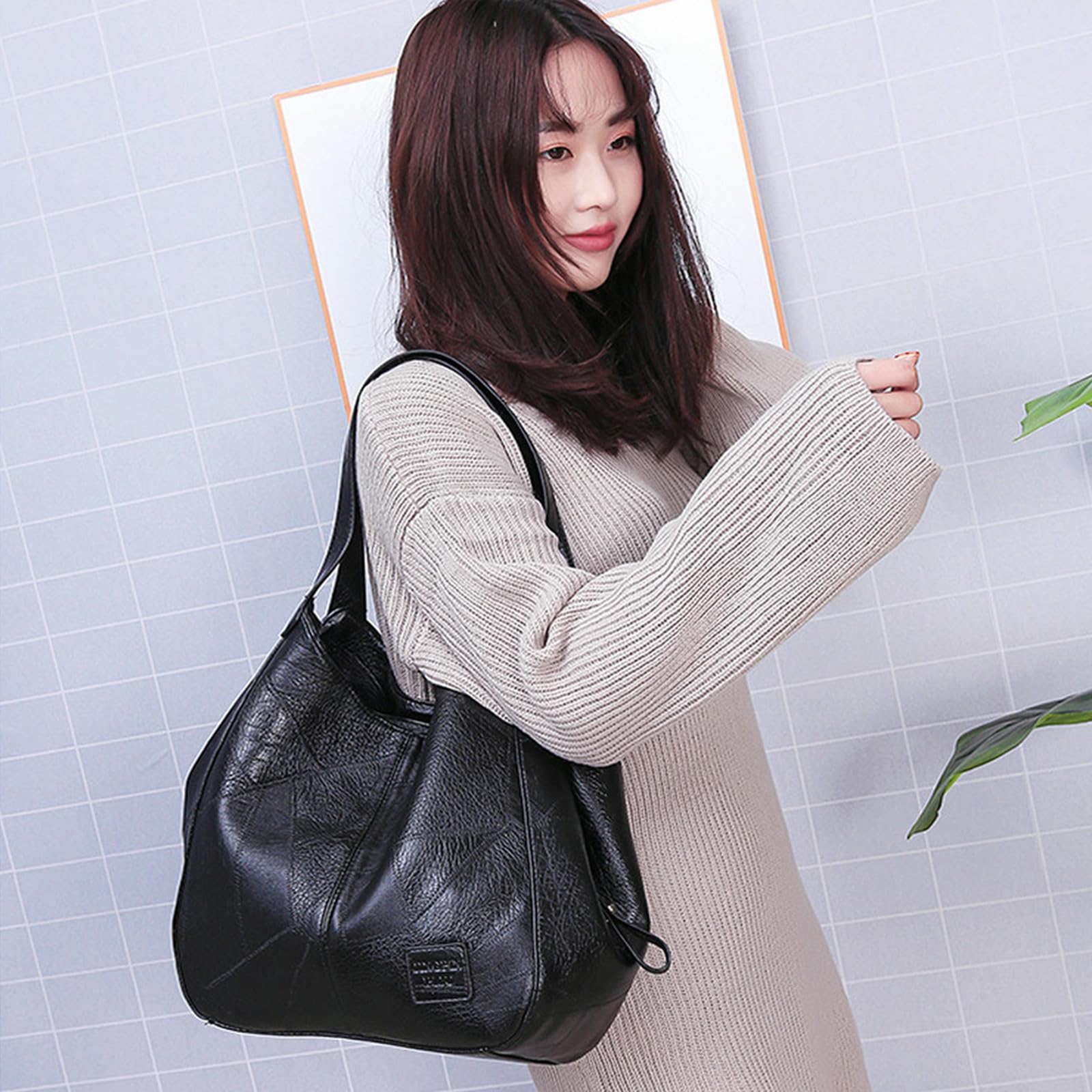 Borsa Donna a Tracolla in Pelle Morbida da - Borsetta Multi -compartimento di Grande capacità per Lo Shopping e Il pendolarismo-Nero