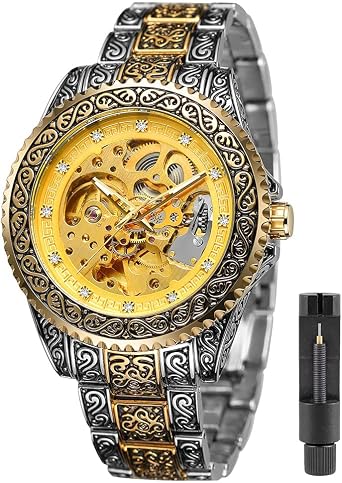 Triangle Golden Skeleton Watch Mens Mechanical Automatic Watch Sport Silver Stainless Steel Mens Watch, FOR1136- All Gold, Mechanical, Automatic