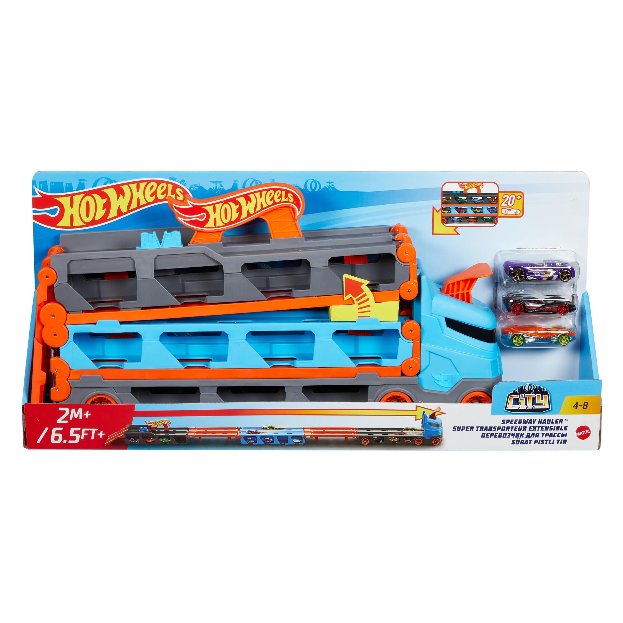 Hot Wheels Camión de Transporte Convertible en Pista para Coches de Juguete, almacena 20 vehículos, Incluye 3 Die-Casts (Mattel GVG37)