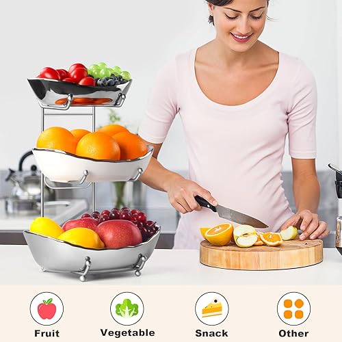 Miniatura 4 de LIJINGCHEN Frutero para encimera de cocina, cesta de frutas de cerámica de 3 niveles, moderno soporte de exhibición de frutas de múltiples capas,