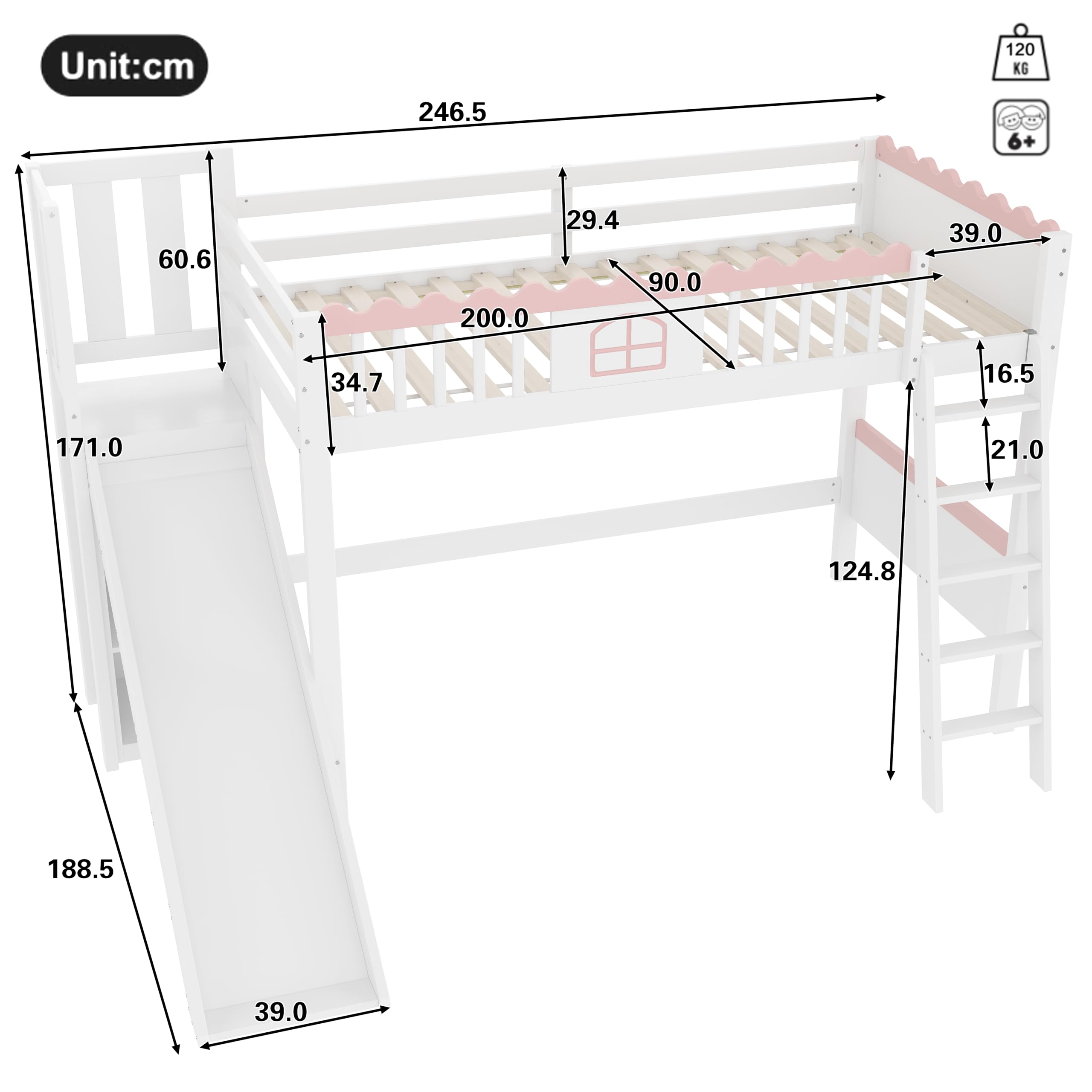 Merax Kinderbett 90x200, Hochbett mit Rutsche und Stauraum, Jugendbett Mädchenbett, LED-Bettgestell mit Lattenrost(ohne Matratze), Einzelbett aus Kiefernholz, EN747 Zertifiziert, Weiß