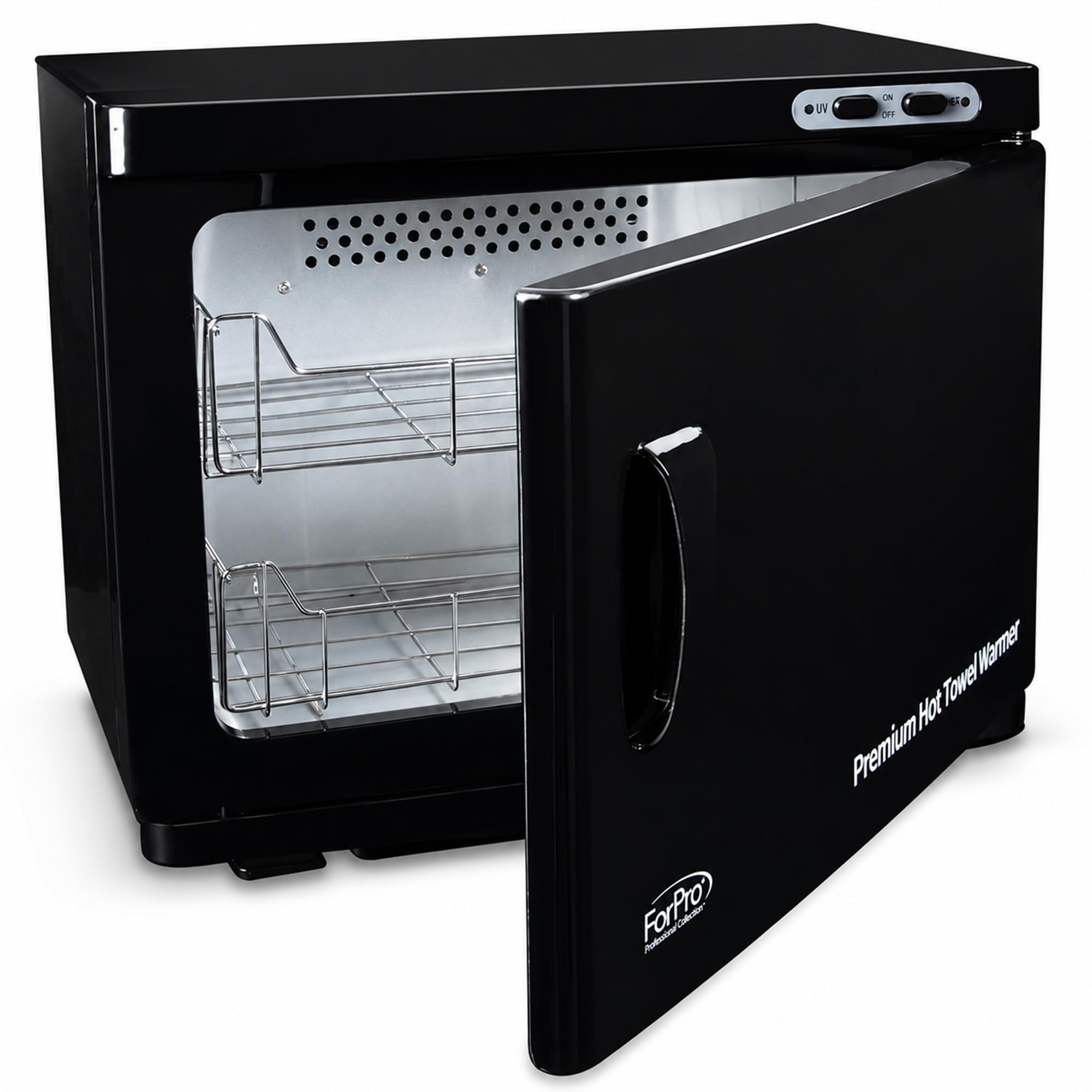 ForPro Professional Collection Calentador de toallas calientes de alta calidad, capacidad extra grande de 23 litros, dos estantes de acero inoxidable, color negro