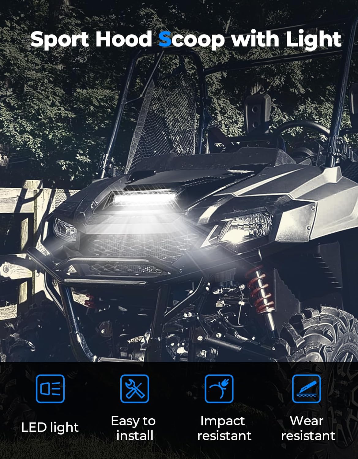 KEMIMOTO Sport Hood Scoop with LED Compatible with Pioneer 700 2P 4P 2014-2025, LED Spot Light Sleek Mesh Ventilation PP Material Impact Resistant 700-2 700-4 Front Light Hood Accessories