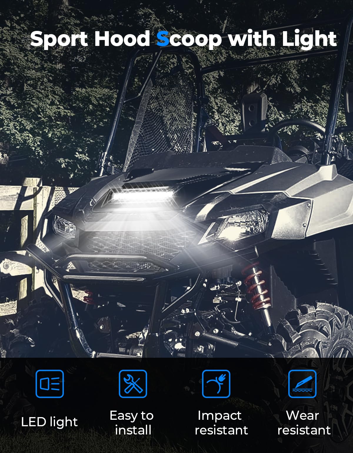 KEMIMOTO Sport Hood Scoop with LED Compatible with Pioneer 700 2P 4P 2014-2025, LED Spot Light Sleek Mesh Ventilation PP Material Impact Resistant 700-2 700-4 Front Light Hood Accessories