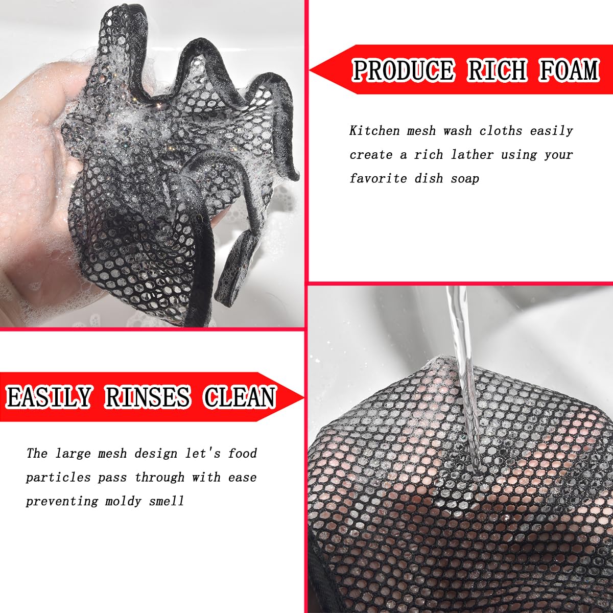 Lot de 6 torchons en Maille de qualité supérieure pour Cuisine, séchage Rapide, Filet à Vaisselle et récureur, sans Commande, pour Laver la Vaisselle, Noir, 30,5 x 30,5 cm