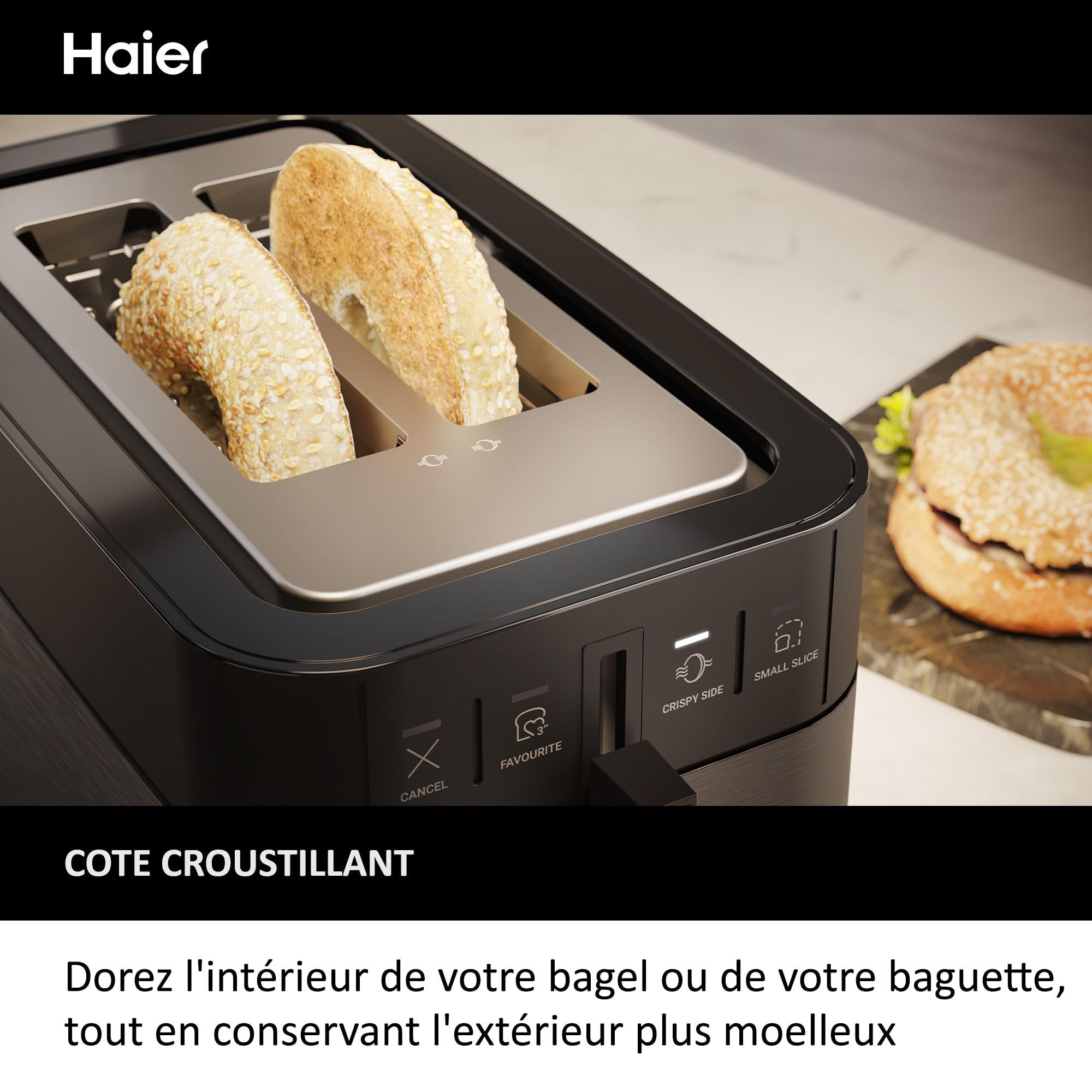 Haier I-Master Série 5 Grille-Pain, Acier Inoxydable, 2 Tranches avec Fentes Extra Profondes, Poignée de Levage pour Eviter les Brûlures, Couvercle Anti-Poussière, 7 Niveaux de Brunissage [Noir]