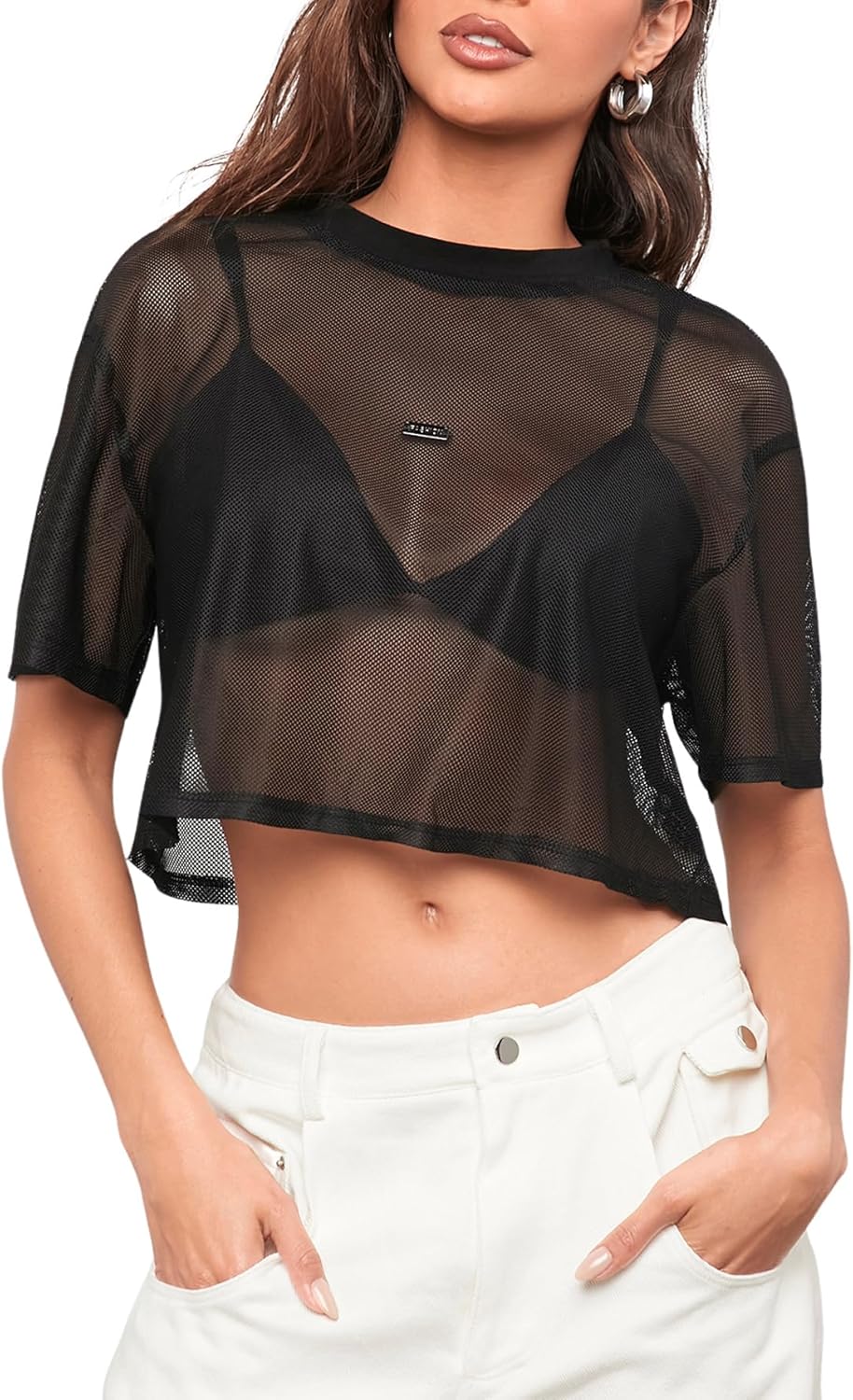 SHENHE Women's Sheer Mesh Top Crew Neck Short Sleeve Loose Fit Crop Tee Shirt Top - Image 4