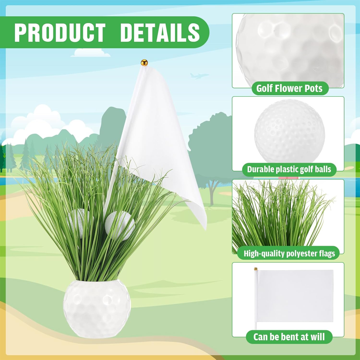 6 Set Golf Centerpieces Party Table Decorations Kit Includes Ceramic Golf Ball Planters 90 Artificial Grass Stems 12 Mini Balls 6 Flags for Sport Themed Party Supplies Rugby Favors