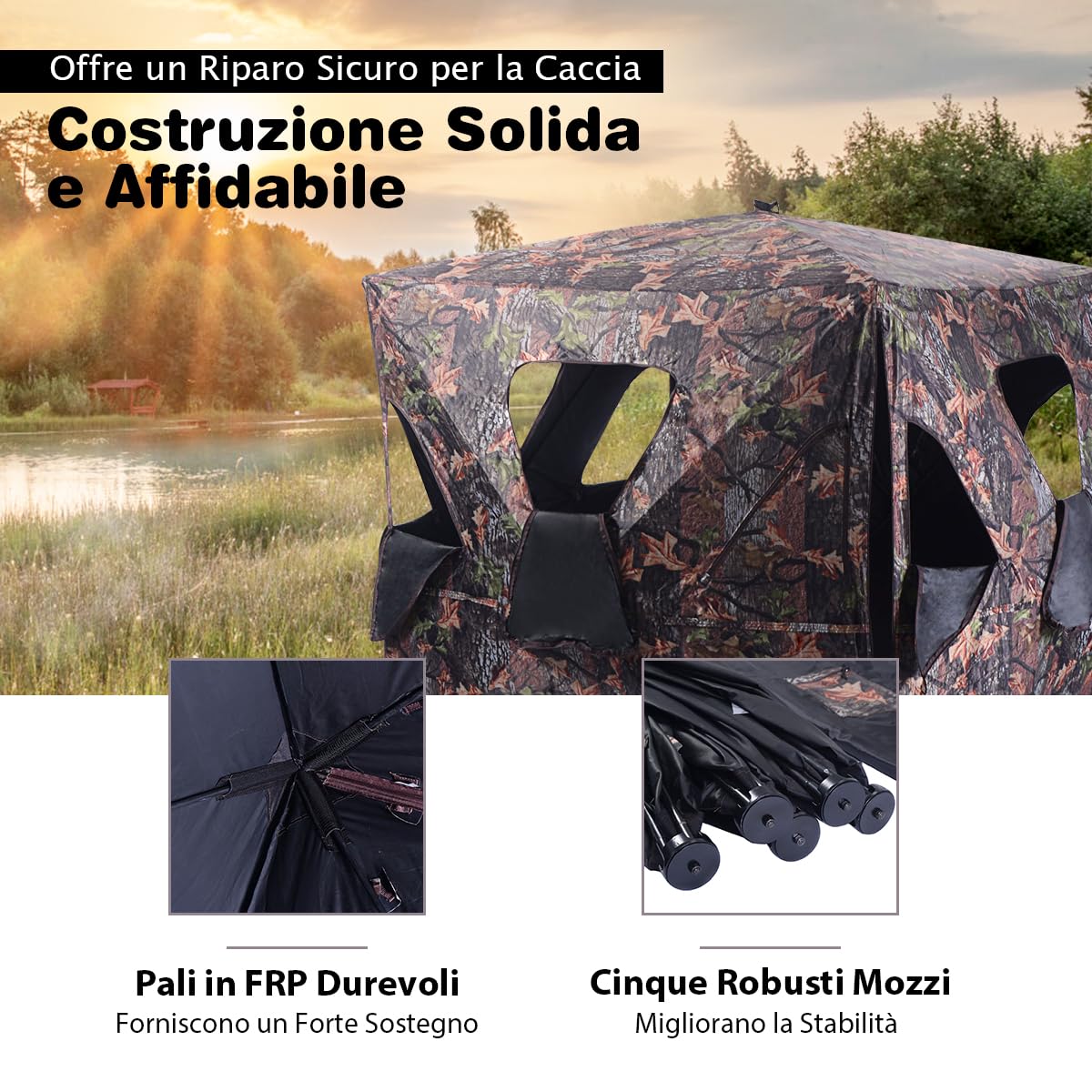COSTWAY Tenda da Caccia Portatile per 3 Persone con Visione a 360°, Tenda a Terra Impermeabile con Borsa, Cinghie e Picchetti