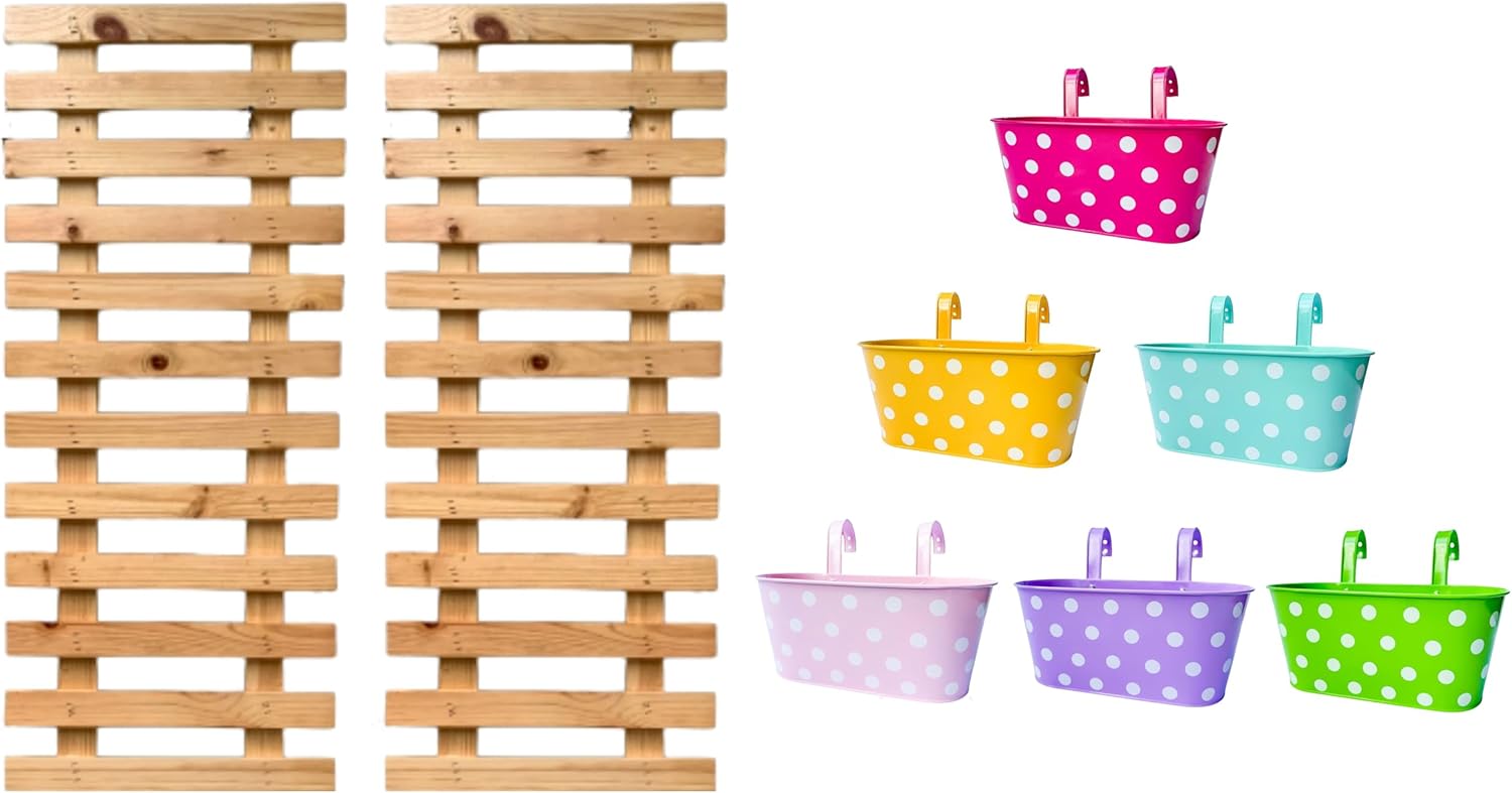 ShopLaLa Bundle- 2 Pack, 23.6 Inch Wooden Plant Holder + 6 Pack, 11.2 Inch Dotted Metal Pots Multicolor Flower Plant Bucket Hanging Garden Wall Mount Unique Vertical Frame Indoor Natural Wood Decor