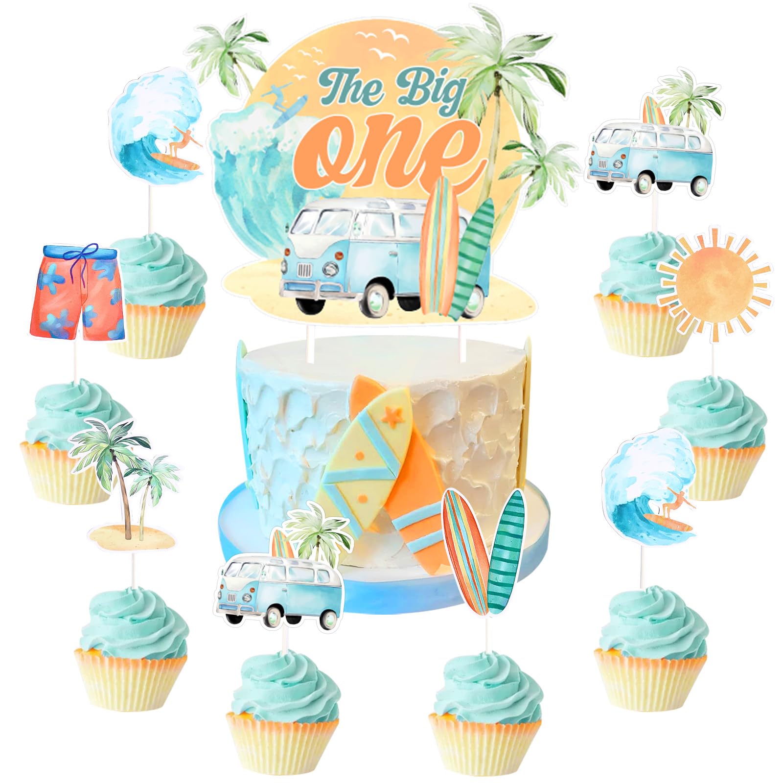 Fangleland Juego de 25 piezas de decoración para tartas de surf, decoraciones de primer cumpleaños, decoración de pastel de surf impresa de doble cara, suministros de fiesta de cumpleaños para niños