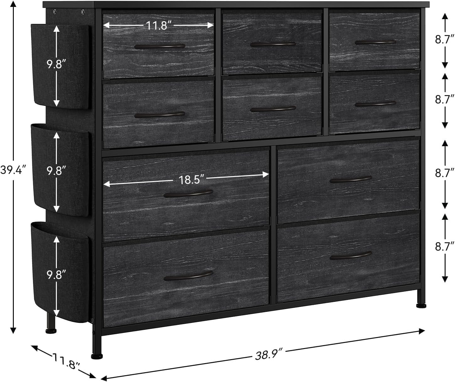 10 Schubladen Kommode aus Stoff, Faltbarer Schubladenschrank mit Metallrahmen und MDF-Platten, Aufbewahrungsschrank für Schlafzimmer Flur Wohnzimmer, Tragbarer Kleiderschrank Organizer mit 10 Fächern