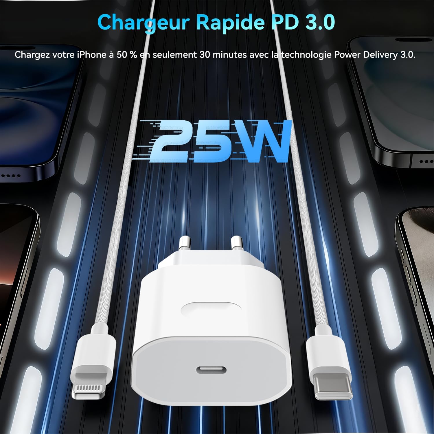 Chargeur Rapide Certifié Apple MFi pour iPhone 14/13/12/11/Pro Max Plus Mini SE XR X - Détails et caractéristiques