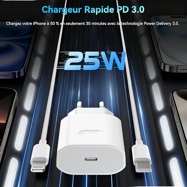 Chargeur Rapide Certifié Apple MFi pour iPhone 14/13/12/11/Pro Max Plus Mini SE XR X XS 8 7 6, Adaptateur Secteur USB-C 25 W avec Câble Lightning 1m, USB-C Power Delivery Charger - 2