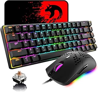 60% Mechanical Mini 68 Key RGB Backlit Wired USB C Gaming Keyboard + Lightweight Rainbow Backlight 6400 DPI Honeycomb Mouse + Mouse Pad Compatible With PS4,PS5,Xbox,PC,Laptop,MAC - Black/Brown Switch
