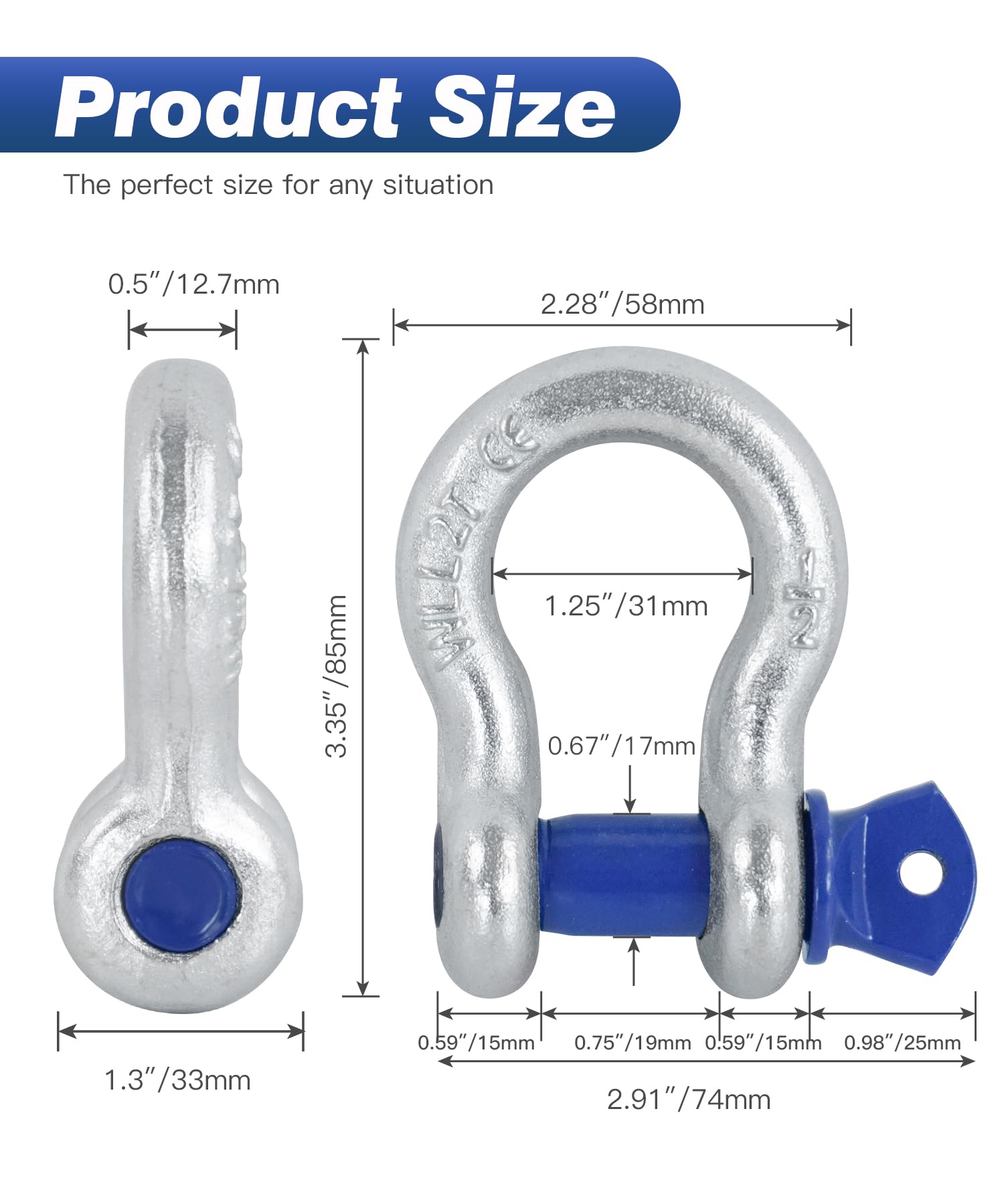4 Pack 1/2" D Ring Shackle with 9/16" Screw Pin, 26,400 lbs Break Strength Heavy Duty Tow Recovery for Winch Off-Road Jeep Truck ATV UTV - 3
