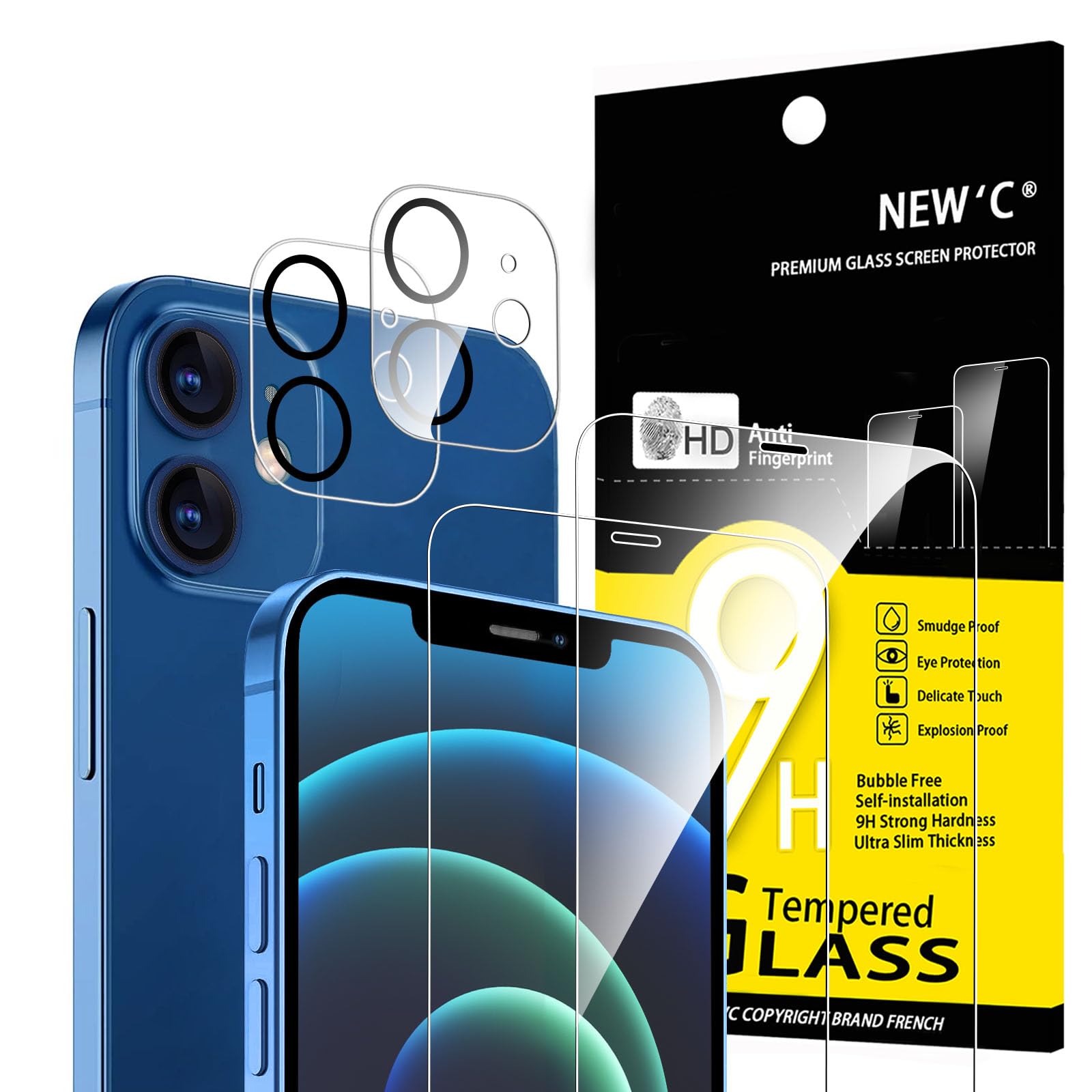 NEW'C für iPhone 12 für Panzerglas (2 Stück) und Kamera Panzer Schutz Glas für Kameraschutz (2 Stück) - kratzfest - keine Luftblasen - extrem widerstandsfähig - 9H-Härteglas