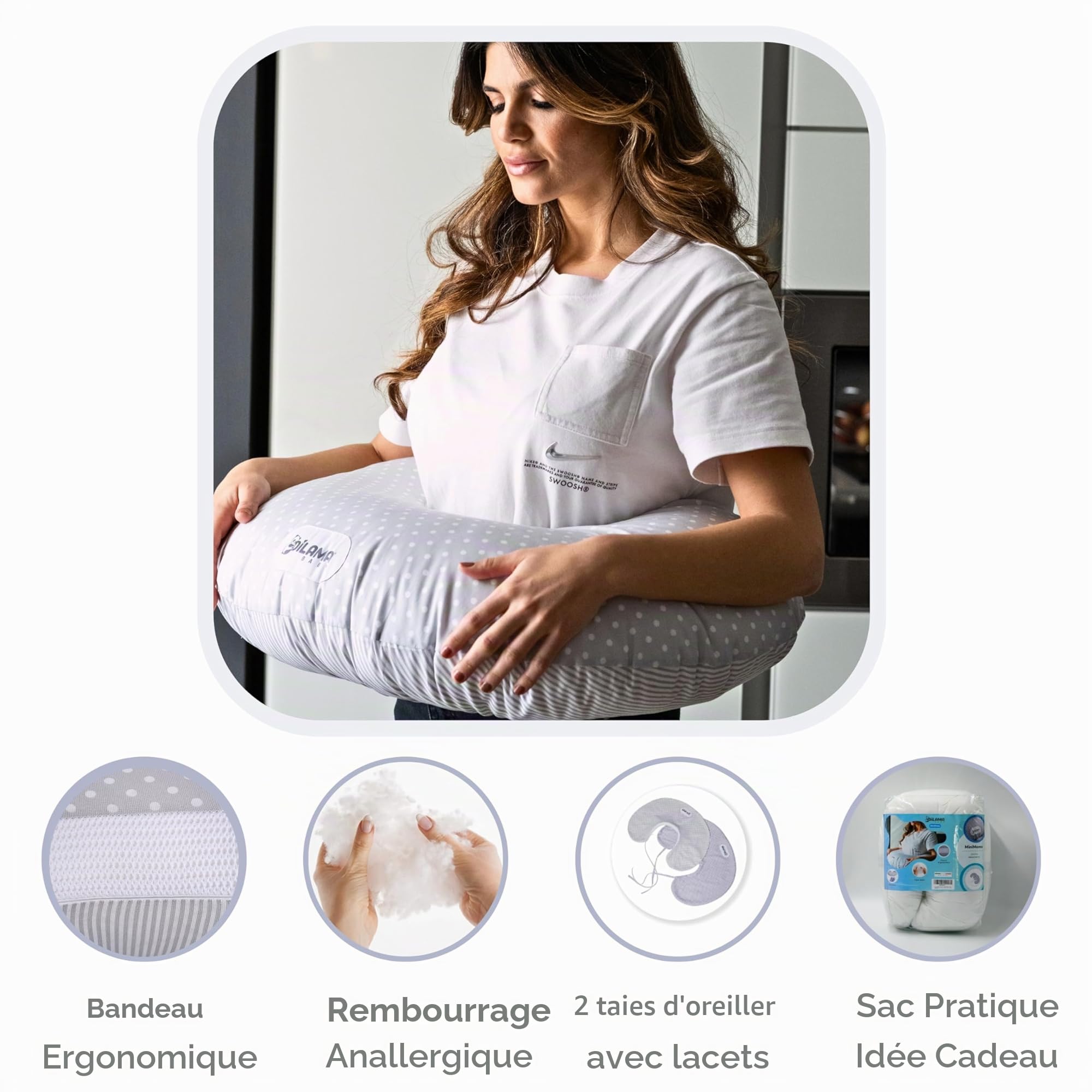 Dilamababy Coussin Allaitement avec 2 Taies d'oreiller 100% Coton Certifié Oeko-Tex Déhoussable Lavable Polyvalent Coussin d'allaitement et Support Bébé